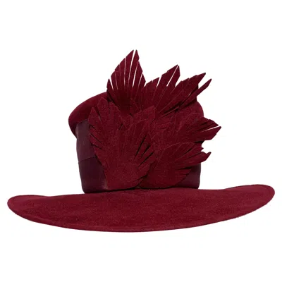 Pre-owned Maison Michel Medium Brim Maroon Felt High Top Hat W Leaves & Grosgrain Band In Red