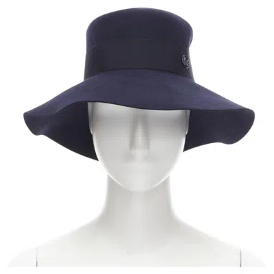 Pre-owned Maison Michel Navy Blue Black Grosgrain M Logo Detail Fedora Hat S 56cm