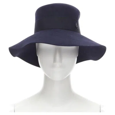 Pre-owned Maison Michel Navy Blue Black Grosgrain M Logo Detail Fedora Hat S 56cm
