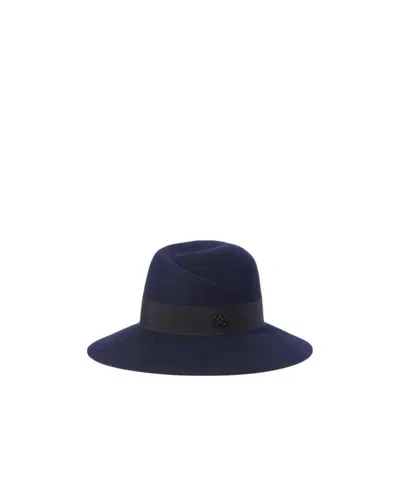 Maison Michel Navy Blue Virginie Damask Trimmed Hat In Black