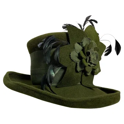 Pre-owned Maison Michel Olive Green Turned Brim Tall Top Hat W Flower Feathers & Grosgrain