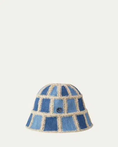 MAISON MICHEL PABLO DENIM PATCHWORK CROCHET BUCKET HAT
