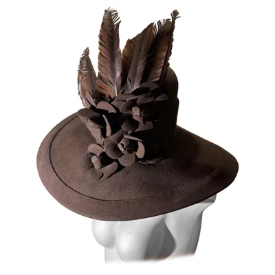 Pre-owned Maison Michel Paris Chocolate Brown Wool Felt Fedora Hat W Camelias & Feathers