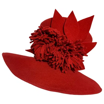 Pre-owned Maison Michel Scarlet Red Wool Felt Wide Brim Hat W Fringe Flower & Leaves
