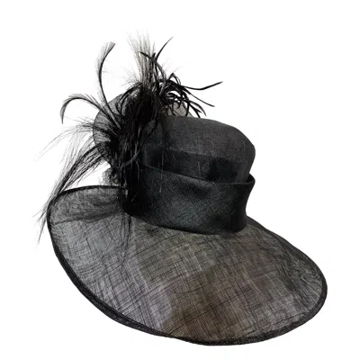 Pre-owned Maison Michel Spring/summer Custom Made Black Straw Wide Brim Hat W Huge Feather