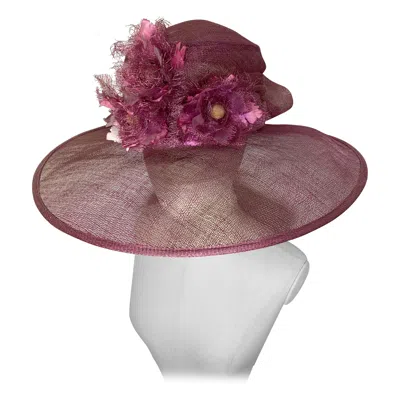 Pre-owned Maison Michel Spring/summer Mauve Sheer Straw Cartwheel Wide Brim Hat W Flowers In Brown
