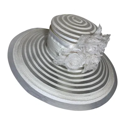 Pre-owned Maison Michel Spring/summer Sheer White Striped Straw Wide Brim Hat W Florals