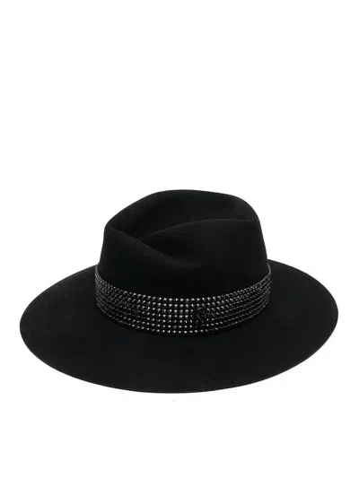 Maison Michel Virginie Strass Belt On Wool Felt Fedora Hat In Black