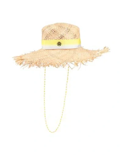 Maison Michel Woman Hat Beige Size M Natural Raffia, Brass, Plastic
