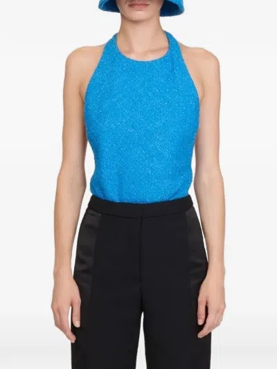 Maison Rabih Kayrouz Tweed Mesh-panel Bodysuit In Blue