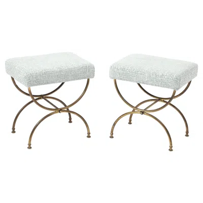 Pre-owned Maison Ramsay Pair Of Fluted Brass Curule Stools, France 1960's In Gray