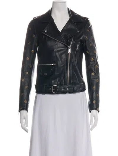 Pre-owned Maison Scotch Leather Graphic Print Biker Jacket In Black