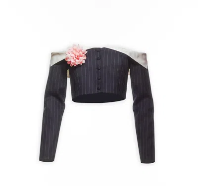 Maison Sél Blue Pinstriped Off Shoulder Lady Jacket