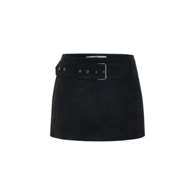 Maison Sél Women's Black Embroidered Mini Suede Skirt