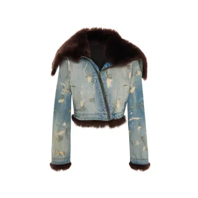 Maison Sél Women's Blue Distressed Cropped Denim Jacket