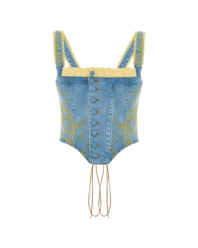 Maison Sél Women's Blue Embroidered Panelled Denim Corset