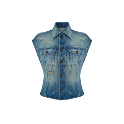 Maison Sél Women's Blue Overdyed Denim Embroidered Vest