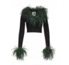 Maison Sél Women's Green / Black Black Knit Cardigan With Green Faux Feather Trim  - Black In Multi
