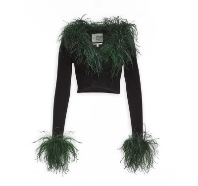 Maison Sél Women's Ostrich Trimmed Black Soft Knit Cardigan