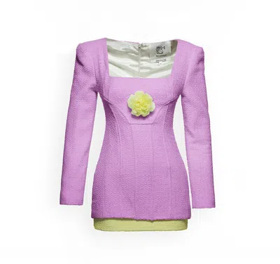 Maison Sél Women's Pink Corset Lilac Dress With Yellow Rosette And Hemline