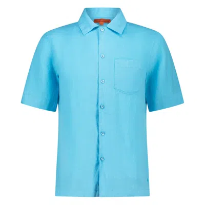 Maison Tangerine Blue Aqua Linen Short Sleeve Shirt For Men In Purple