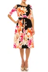 Maison Tara Asymmetrical Neckline A-line Dress In Black Multi In Multi