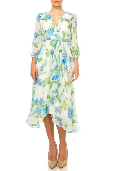 Maison Tara Belted Floral Faux Wrap Midi Dress In Ivory Turquoise In Multi