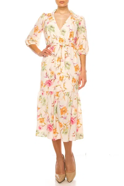 Maison Tara Belted Floral Midi Dress In Peach Multi In Orange