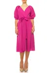 Maison Tara Belted Puff Sleeve A Line Dress In Fuchsia In Pink