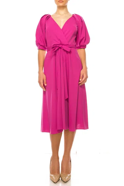 Maison Tara Belted Puff Sleeve A Line Dress In Fuchsia In Pink