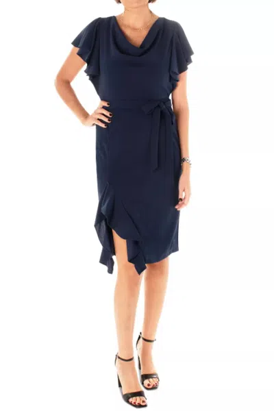 Maison Tara Belted Short Sleeve Knee Length Dress In Navy In Blue