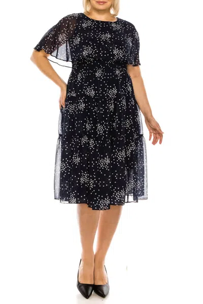 Maison Tara Dot Print Sleeveless Cape Tiered A-line Midi Dress In Navy White In Blue