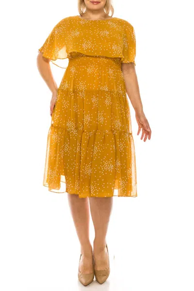 Maison Tara Dot Print Sleeveless Cape Tiered A-line Midi Dress In Golden Spice White In Yellow