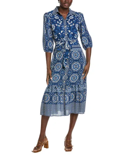Maison Tara Engineer Print Miranda Short Sleeve Midi Dress In Blue