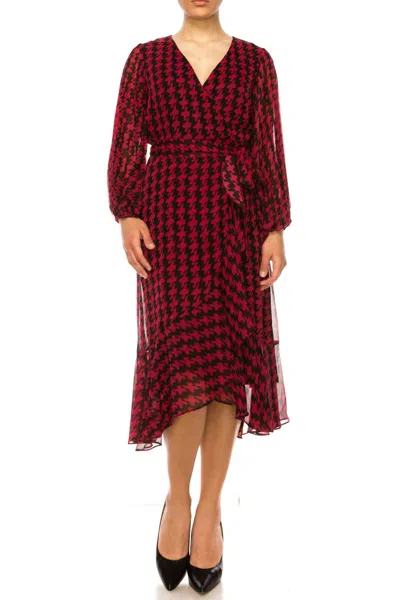 Maison Tara Faux Wrap Houndstooth Print Midi Dress In Black Raspberry In Multi