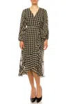 Maison Tara Faux Wrap Houndstooth Print Midi Dress In Black Taupe In Black