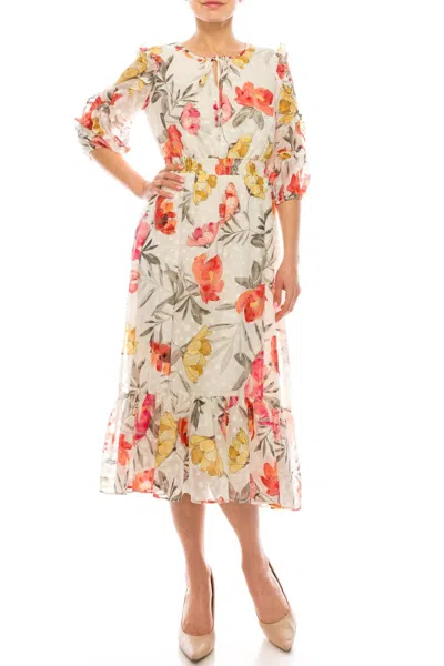 Maison Tara Floral Chiffon A-line Dress In Ivory Coral Yellow In Multi