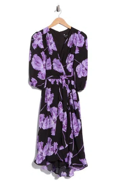 Maison Tara Floral Chiffon Check High-low Faux Wrap Dress In Multi