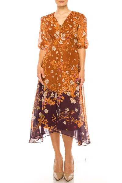 Maison Tara Floral Contrast Three Fourth Sleeve Dress In Paprika Eggplant In Multi