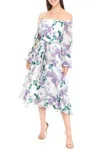 Maison Tara Floral Off The Shoulder Long Sleeve Midi A-line Dress In Ivory Lilac In Multi