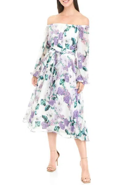 Maison Tara Floral Off The Shoulder Long Sleeve Midi A-line Dress In Ivory Lilac In Multi