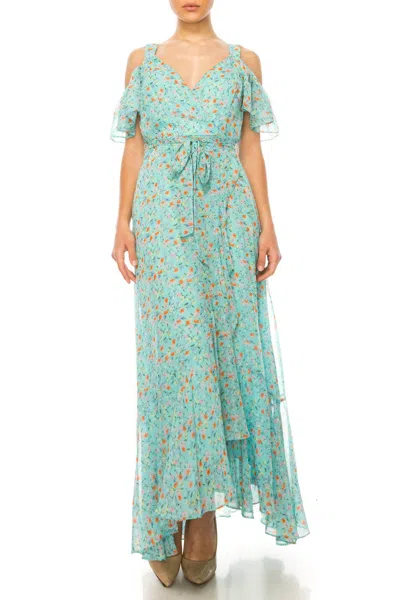 Maison Tara Floral Off The Shoulder Strap Dress In Aqua Multi