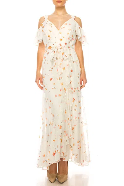 Maison Tara Floral Off The Shoulder Strap Dress In Ivory Coral In Multi