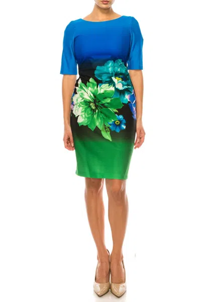 Maison Tara Floral Print Short Sheath Dress In Royal Multi