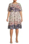 Maison Tara Floral Print Short Sleeve Cape Fit & Flare Dress In Pink Purple In Multi