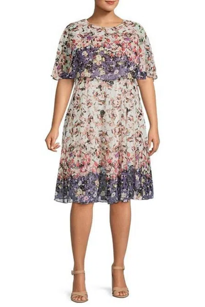 Maison Tara Floral Print Short Sleeve Cape Fit & Flare Dress In Pink Purple In Multi