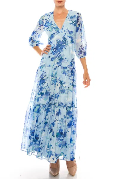 Maison Tara Floral Print Three Fourth Sleeve Tiered Maxi Dress In Ivory Aqua In Multi