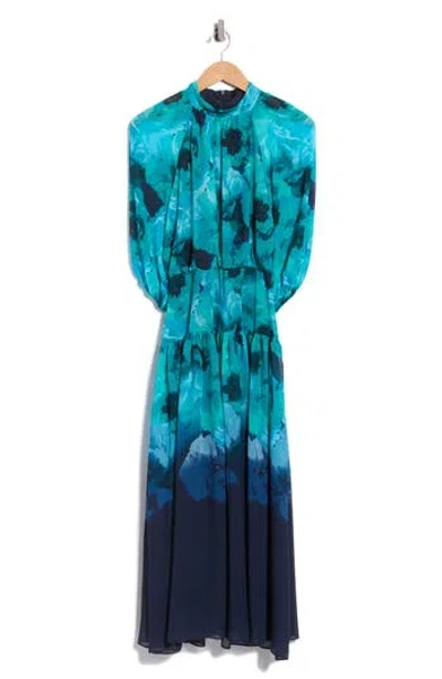 Maison Tara Floral Printed Chiffon Maxi Dress In Blue