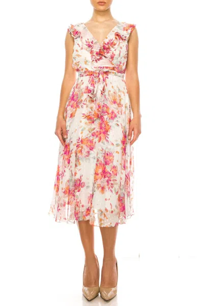 Maison Tara Floral Sleeveless Midi Dress In Ivory Coral In Multi