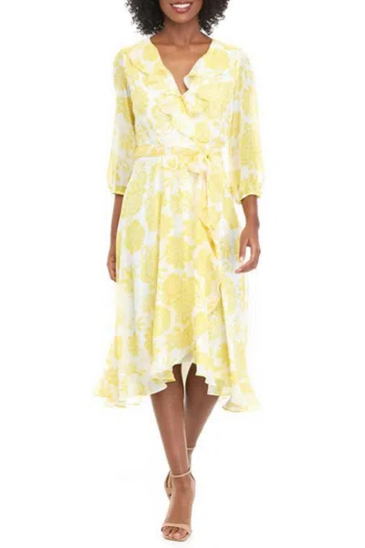 Maison Tara Floral Three Fourth Sleeve Wrap Midi Dress In Ivory Daffodil In Multi